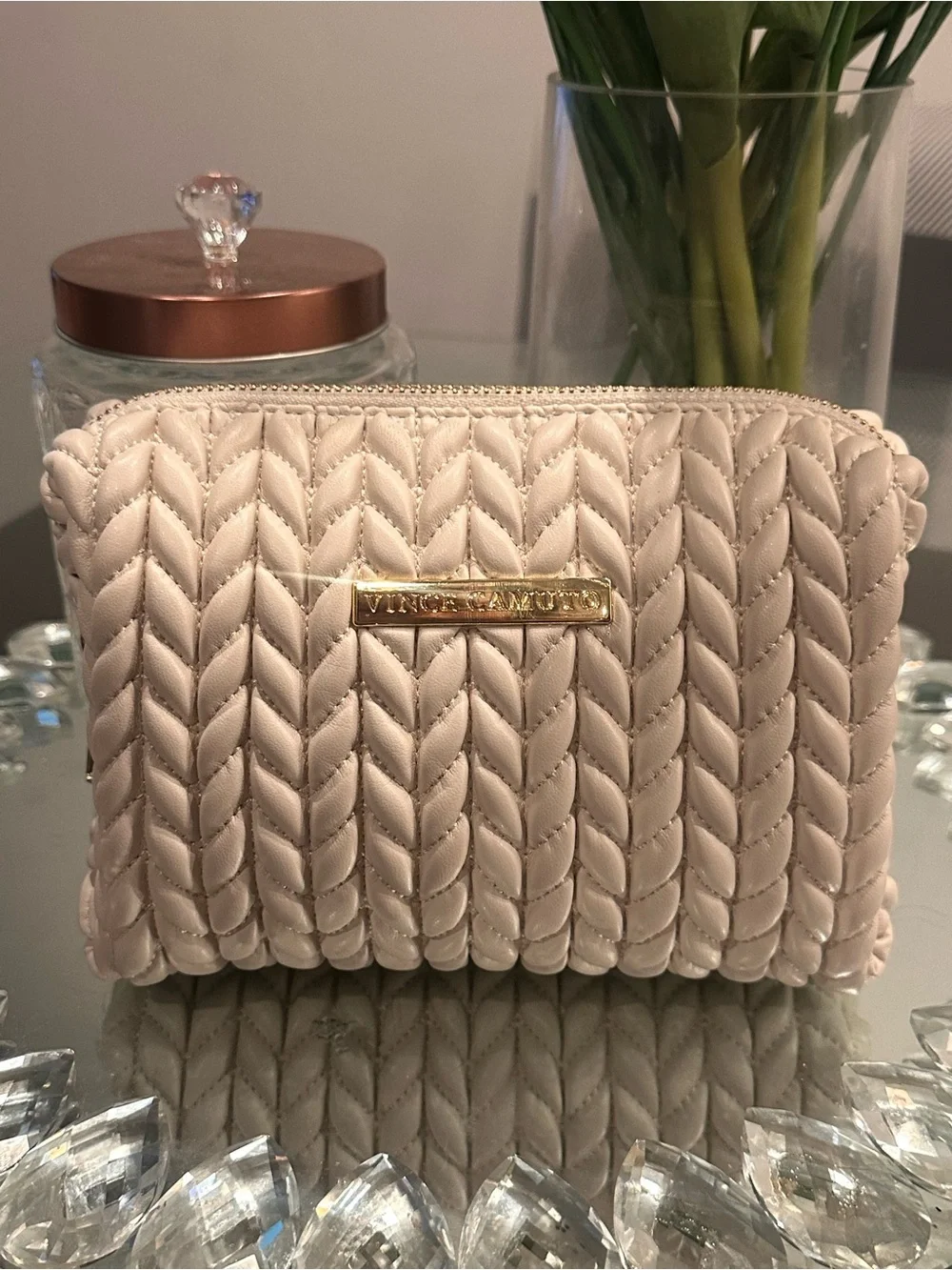 Vince Camuto Cream Quilted Woven Cosmetic Makeup Bag Gold Zip Luxe Travel Pouch